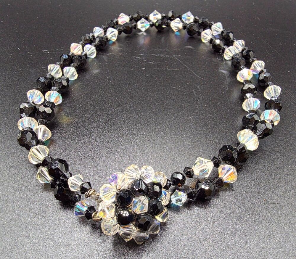 Vintage Black Faceted Bead Necklace AB Crystal Flower Cluster Centerpiece